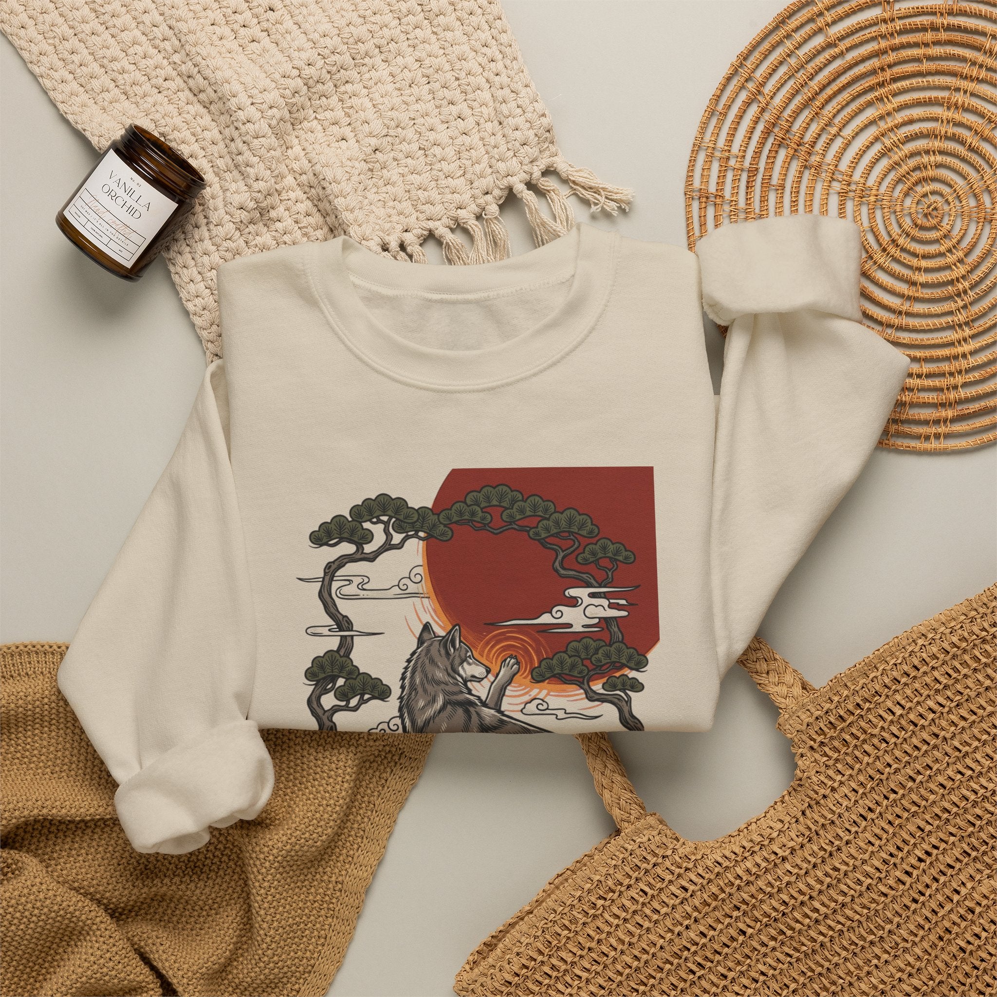Wolf Sunset Illustration Sweatshirt | Traditional Tattoo-Inspired, Vintage Flash
