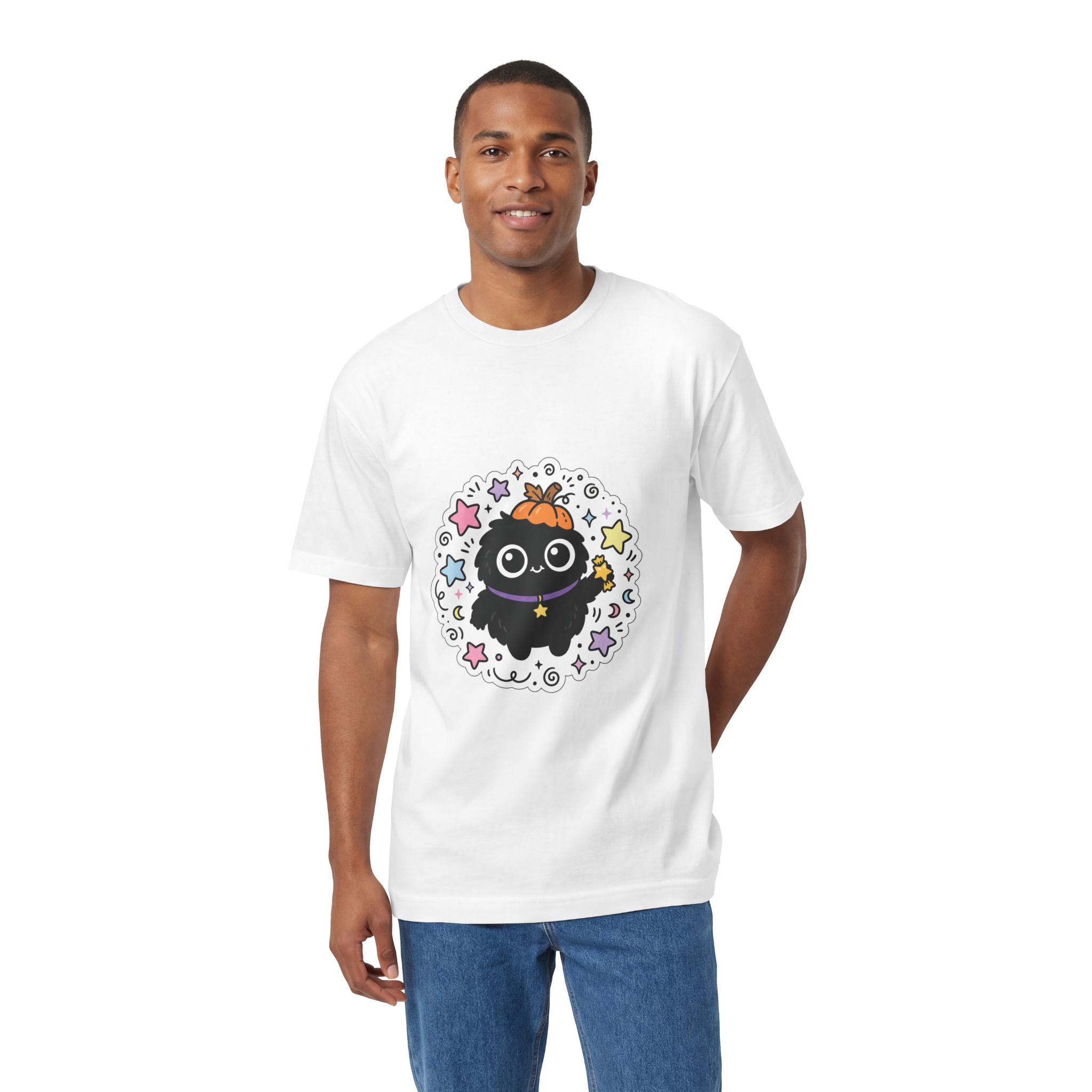 Cute Halloween Cat Tee — Kawaii Black Cat with Pumpkin Hat