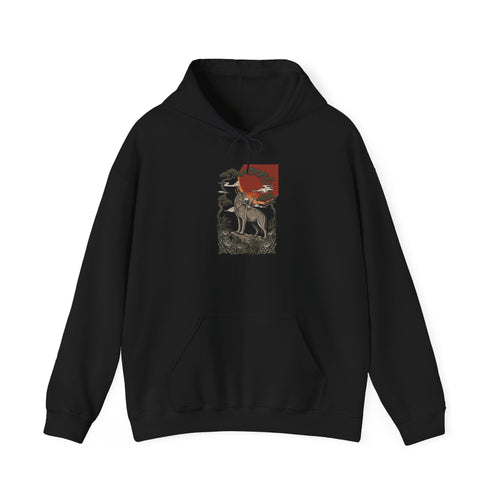 Deer Sunrise Tattoo-Style Hoodie | Traditional Flash, Floral Banner