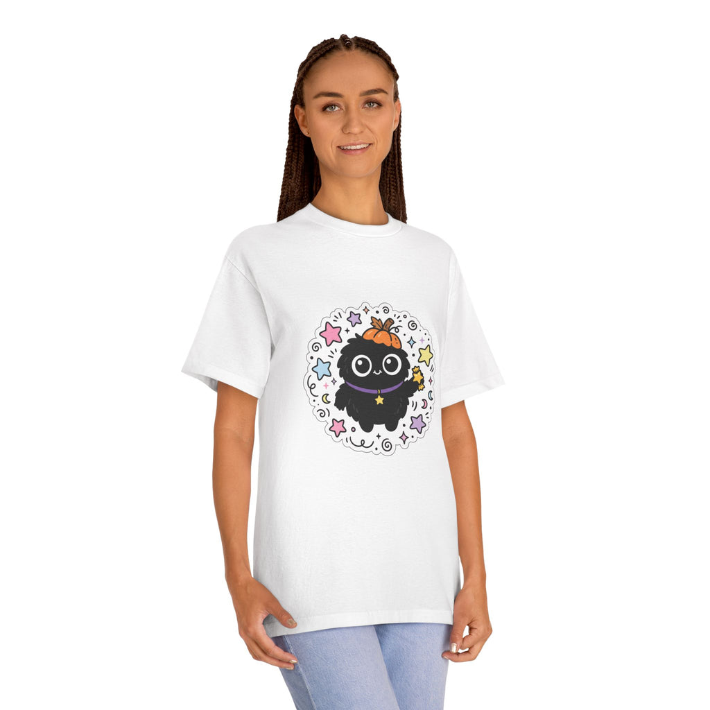 Cute Halloween Cat Tee — Kawaii Black Cat with Pumpkin Hat